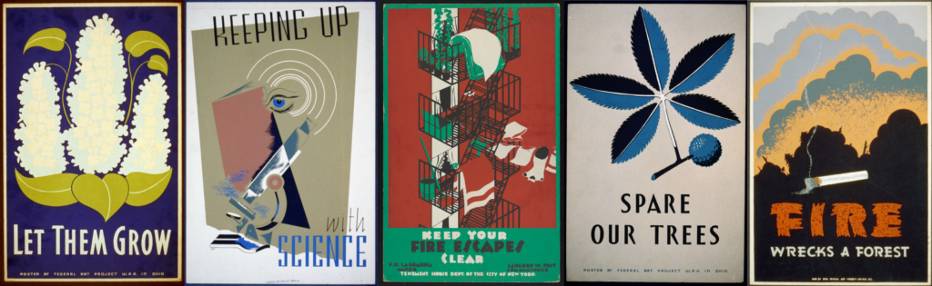 A collage of posters from the Work Projects Administration (WPA).